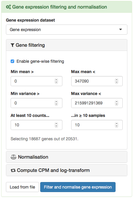 Options to filter and normalise gene expression.