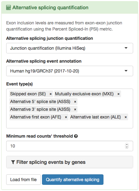 Options to quantify alternative splicing.